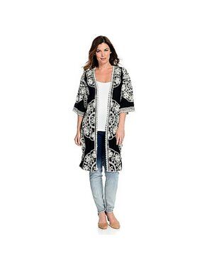 Indigo Thread Co. XL Black White Embroidered Open Front Kimono Boho Ethereal